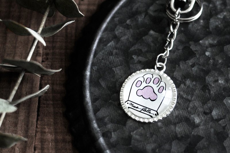 喵肉球钥匙圈-白猫肉球 / 玻璃球吊饰 / 2.5cm钥匙圈 - 钥匙链/钥匙包 - 其他金属 银色