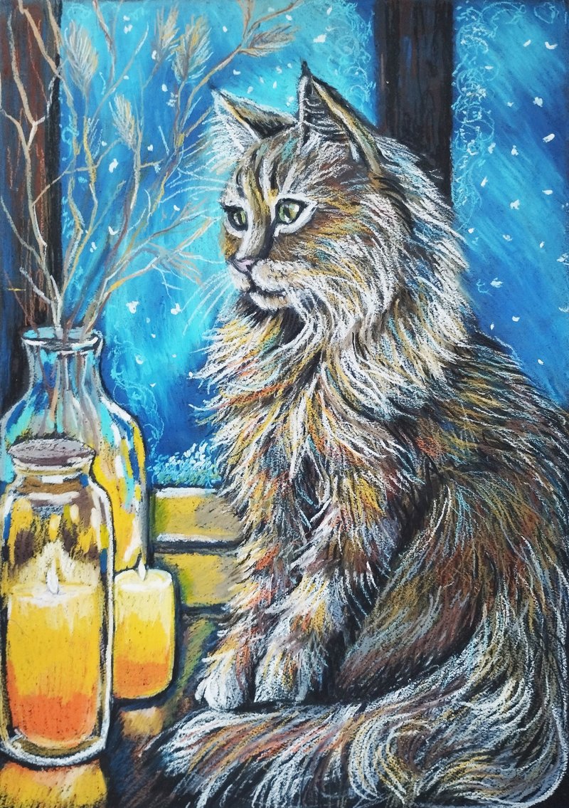 肖像猫画动物艺术冬季舒适艺术蜡烛 - 墙贴/壁贴 - 纸 蓝色