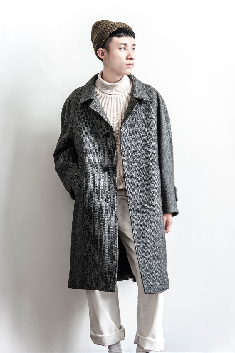Vintage 灰黑斜纹古着毛料大衣 - 男装外套 - 羊毛 灰色