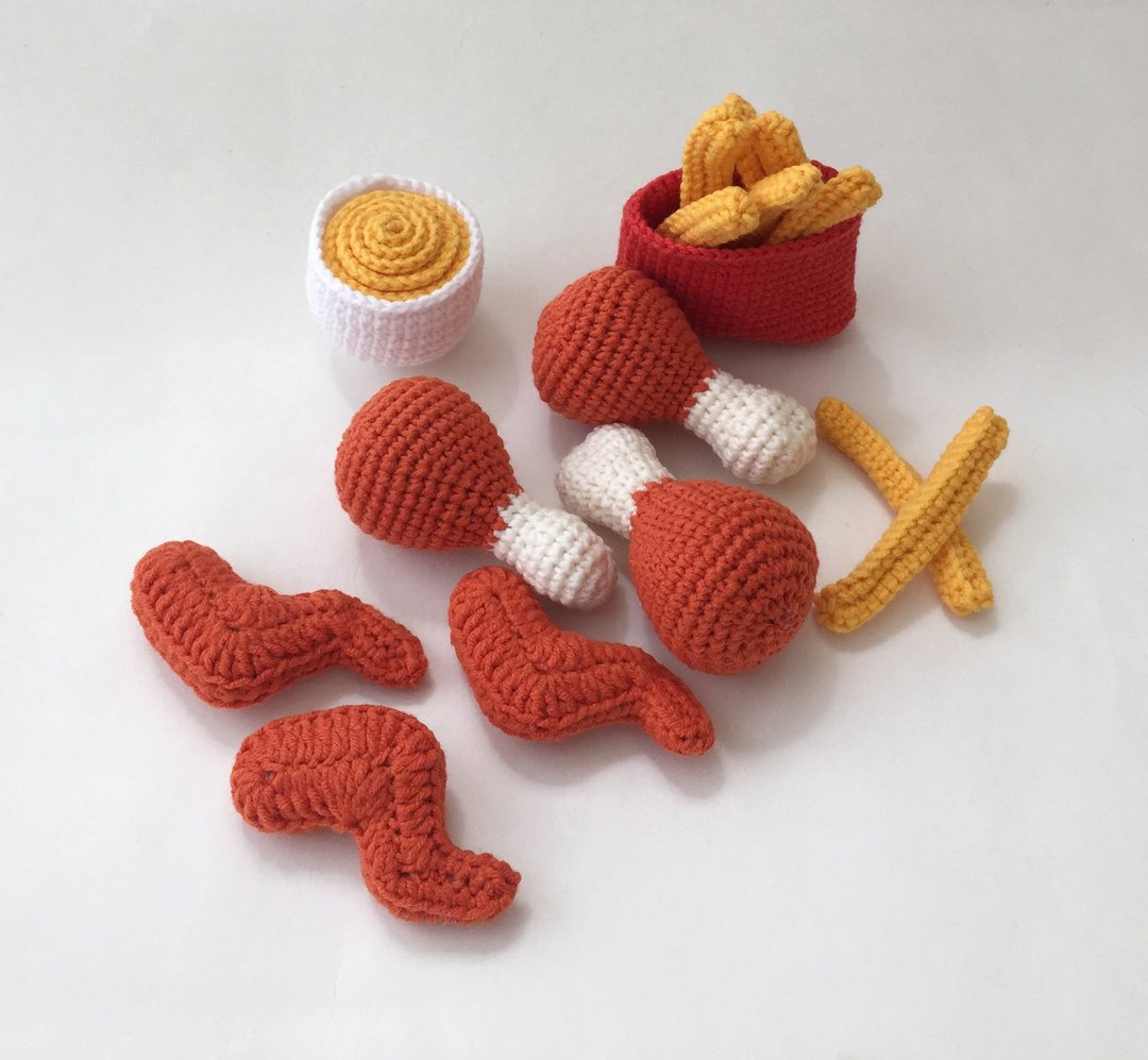 chicken wings with cheese sauce, Crochet food Baby toys chicken legs, French fri - 玩具/玩偶 - 棉 