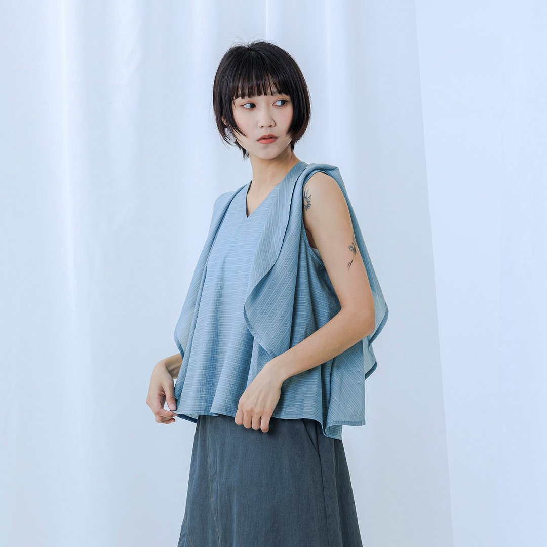 绑带波浪落片袖上衣 - 女装上衣 - 其他人造纤维 蓝色