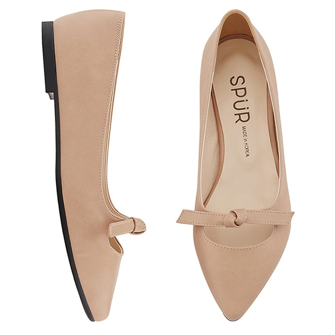 PRE-ORDER – SPUR 尖头蝴蝶结绑带平底鞋 MS7030 BEIGE - 芭蕾鞋/娃娃鞋 - 人造皮革 