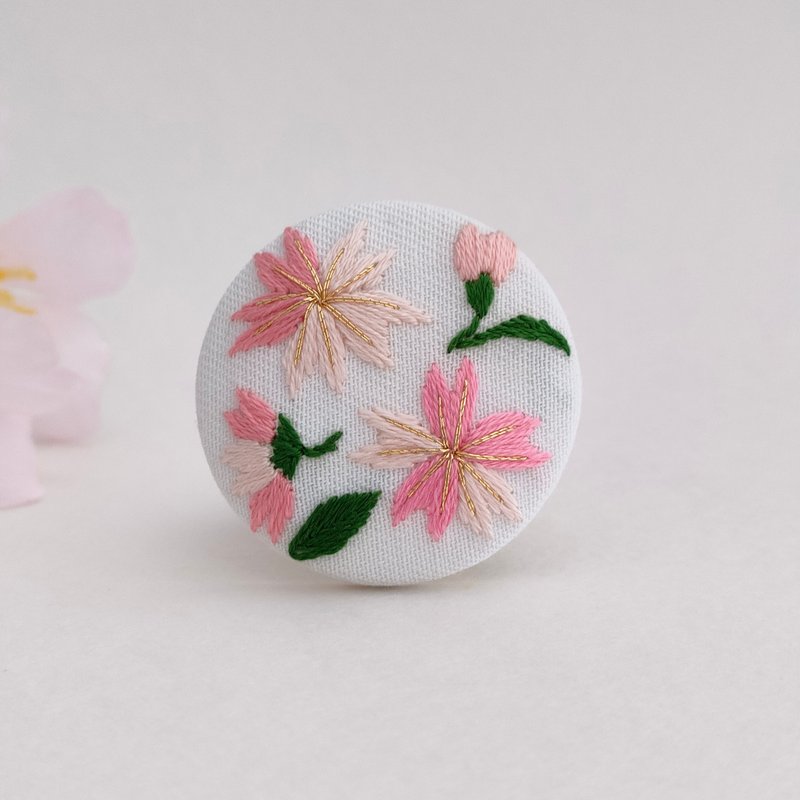 迎接春天的樱花刺绣胸针或发圈 - 胸针 - 棉．麻 粉红色