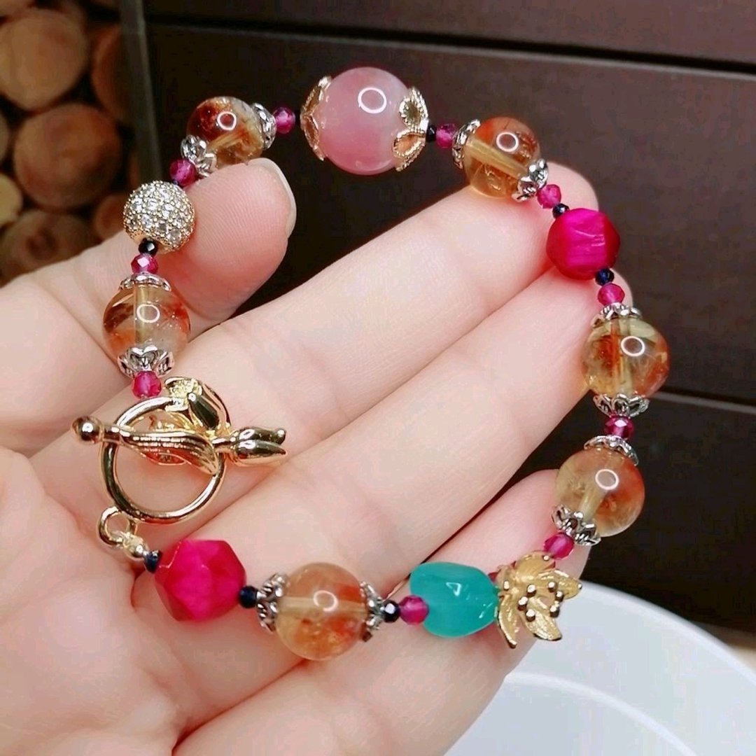 金银财宝 Jinyin caibao 黄阿塞黄水晶 粉晶 玫红虎眼T扣链 - 手链/手环 - 宝石 