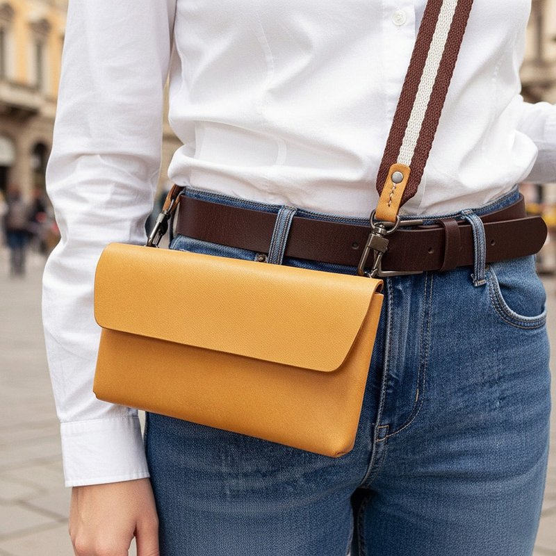 COZI - 意大利植鞣皮革 6.9吋 横式 多功能手机斜跨包-条纹肩背帶 - 手机壳/手机套 - 真皮 咖啡色