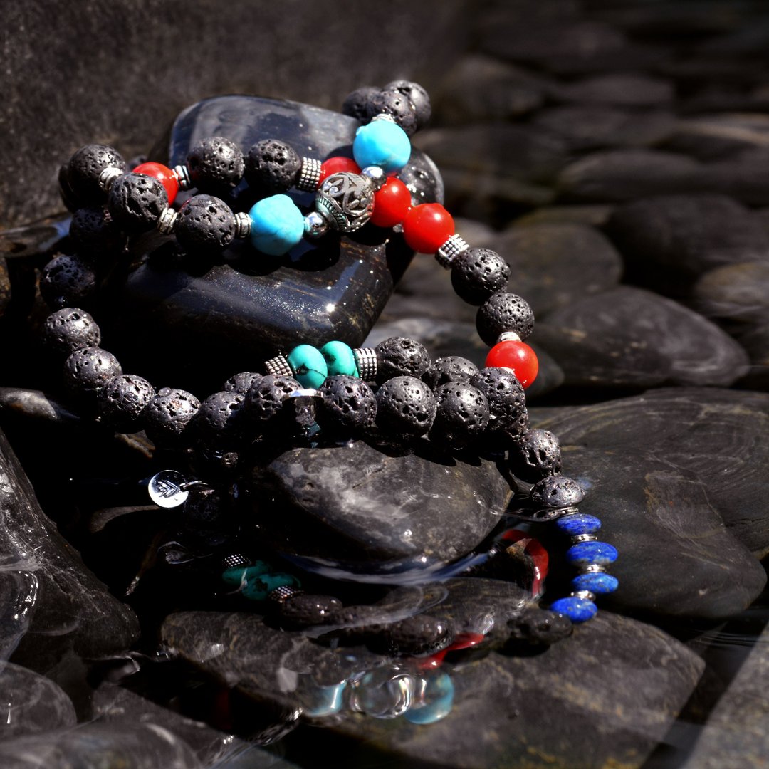 Volcanic Lava Stone Mens Beaded Bracelet - 手链/手环 - 其他材质 黑色