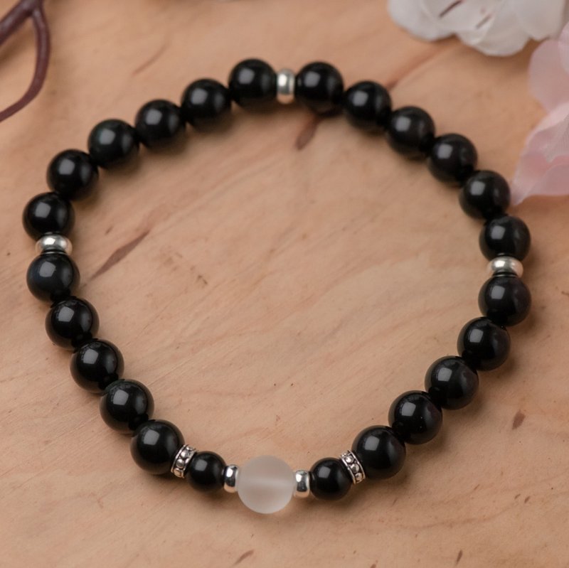 黑曜系列。平安A款。8mm黑曜石磨砂白水晶单层手串。 - 手链/手环 - 半宝石 黑色