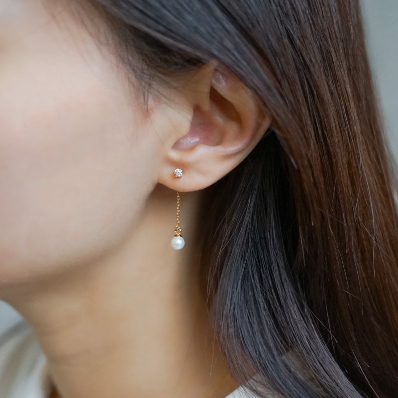 精镶五爪单钻 925纯银镀18k金 珍珠垂坠长耳环 耳夹 - 耳环/耳夹 - 纯银 绿色