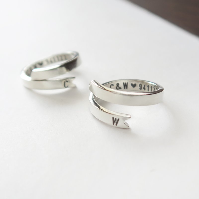 999纯银 缎带戒-定制 英文字母 钢印 戒指 / 对戒 - 对戒 - 纯银 白色