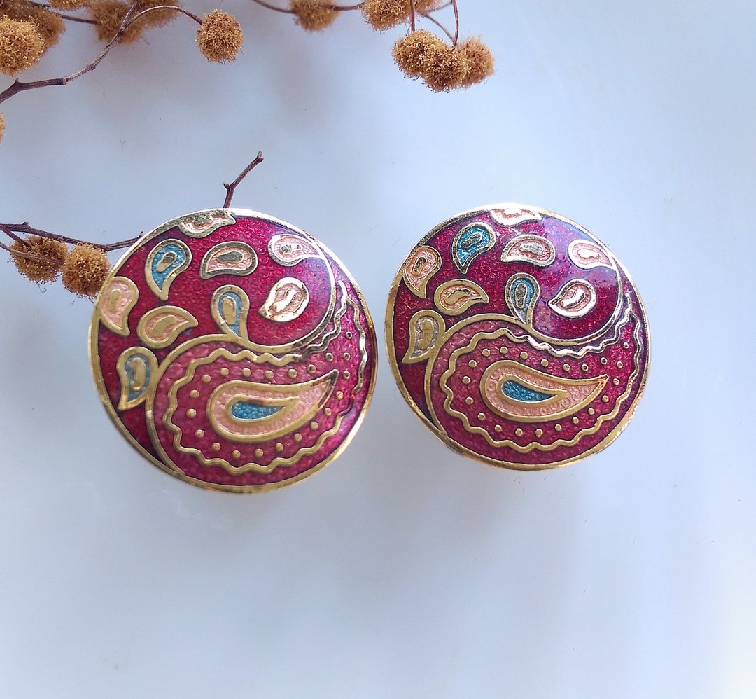 Vintage Jewelry  景泰蓝 红色调变形虫 夹式耳环 - 耳环/耳夹 - 其他材质 金色