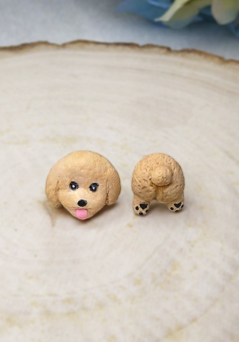 全手制 杏色 吐舌贵宾犬 贵妇狗 耳钉/耳夹 - 耳环/耳夹 - 粘土 多色