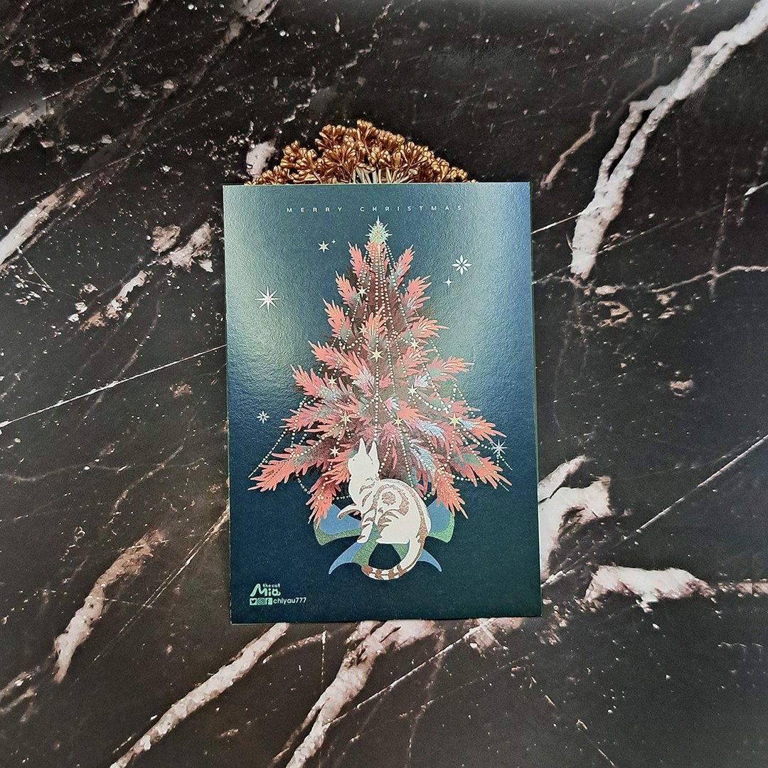 【金银圣诞】猫猫绿色圣诞树烫银圣诞卡 - 卡片/明信片 - 纸 