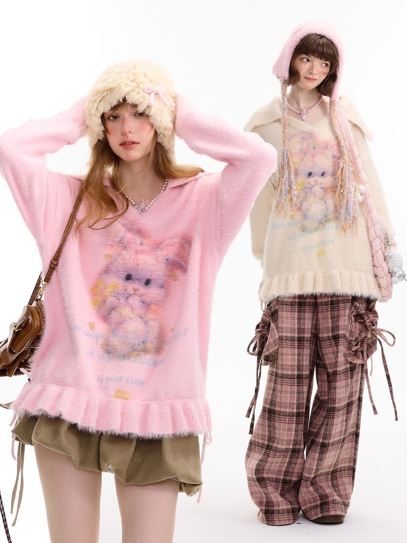 ziziFei秋冬季新款美式设计感poloV领百褶下摆兔子图案抽绳毛衣女 - 女装针织衫/毛衣 - 其他材质 