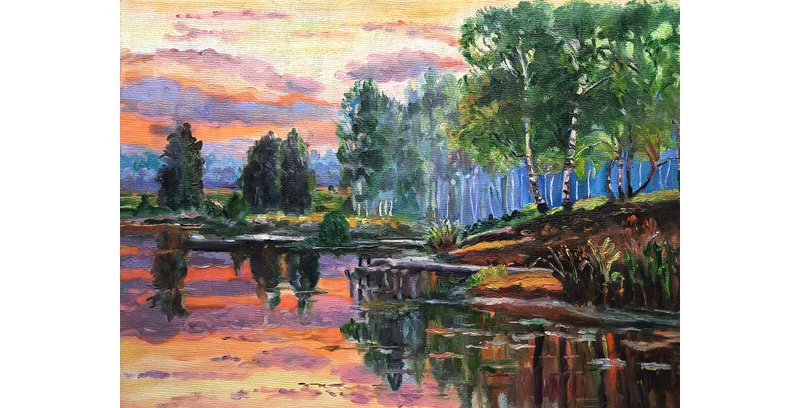 湖泊绘画原创艺术自然艺术品油画布面油画 - 墙贴/壁贴 - 其他材质 橘色