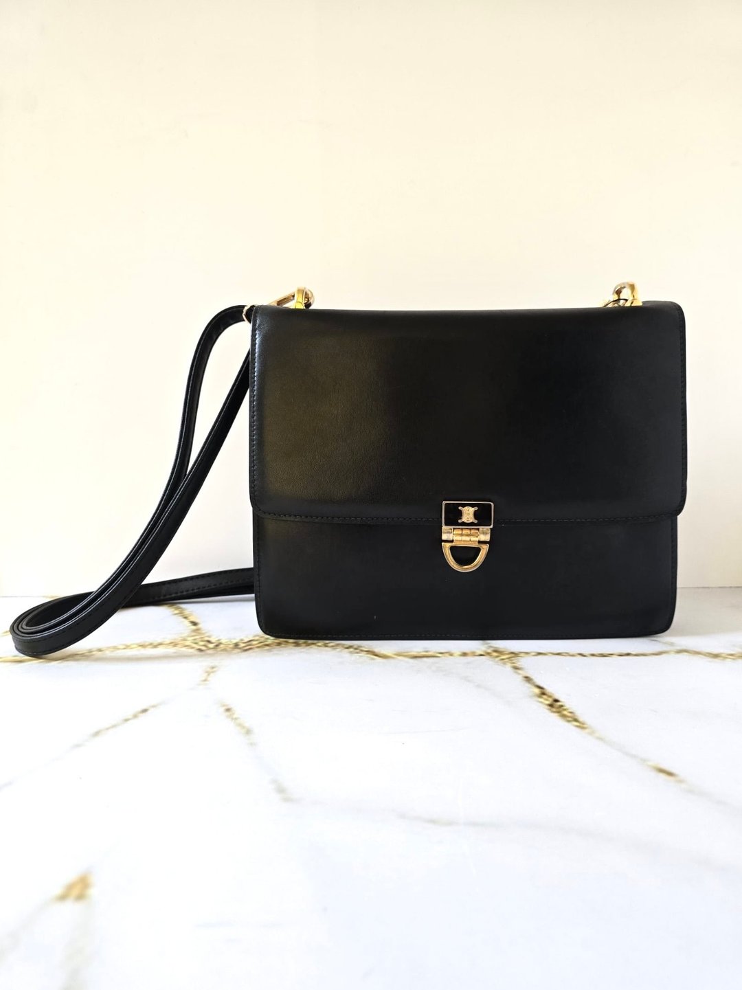 Celine 黑金色凯旋门斜背包 单肩包 侧背包 二手包 中古包 肩背包 - 侧背包/斜挎包 - 真皮 黑色