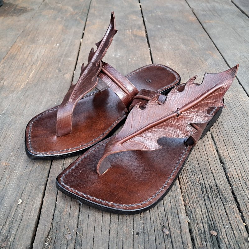 棕色皮革凉鞋, 定制化皮革鞋, 平底皮革凉鞋, 可爱凉鞋 - 男女凉鞋 - 真皮 咖啡色