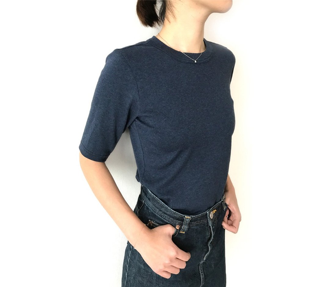 日本制 有机棉 剪裁讲究 大人的 4 分袖素色 T-shirt 深蓝色 - 女装 T 恤 - 棉 蓝色