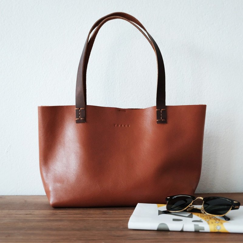 Mini Simple Leather Tote Bag / Small Tan Leather Handbag - 手提包/手提袋 - 真皮 咖啡色