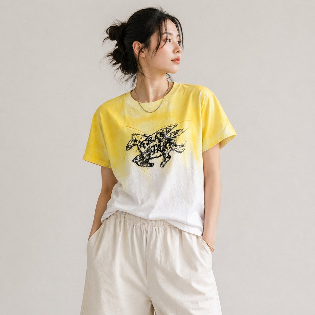 马年限定 手绘绢印 重磅 T-shirt 中性版型 台湾制作 - 女装 T 恤 - 棉 黄色