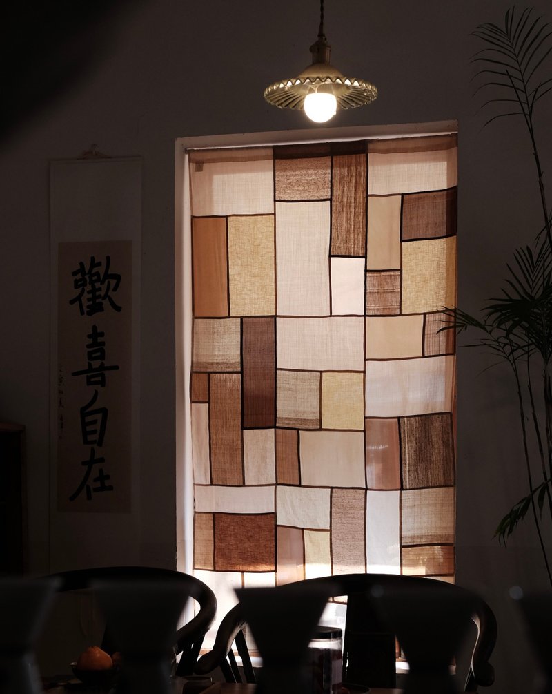 茶染拼布门帘 手工植物染 中式日式和风遮光半帘亚麻隔断 - 门帘/门牌 - 棉．麻 咖啡色