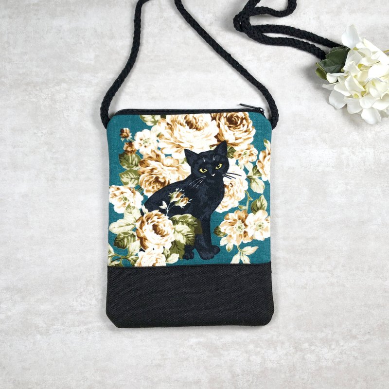 电话包/肩背包/钭背包/手机袋 / 手机包 ~ 黑猫b (D-48) - 侧背包/斜挎包 - 棉．麻 绿色