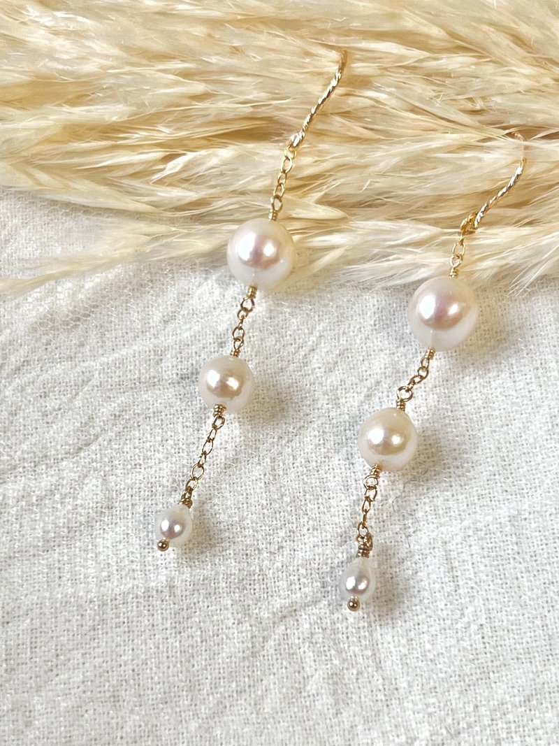 粉红光 天然淡水珍珠 || 渐层 14KGF注金 耳环 - 耳环/耳夹 - 珍珠 白色