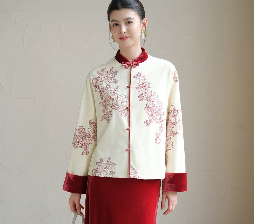 【丝绒刺绣】新中式复古中国风 气质盘扣短外套/半裙 - 女装休闲/机能外套 - 其他材质 红色