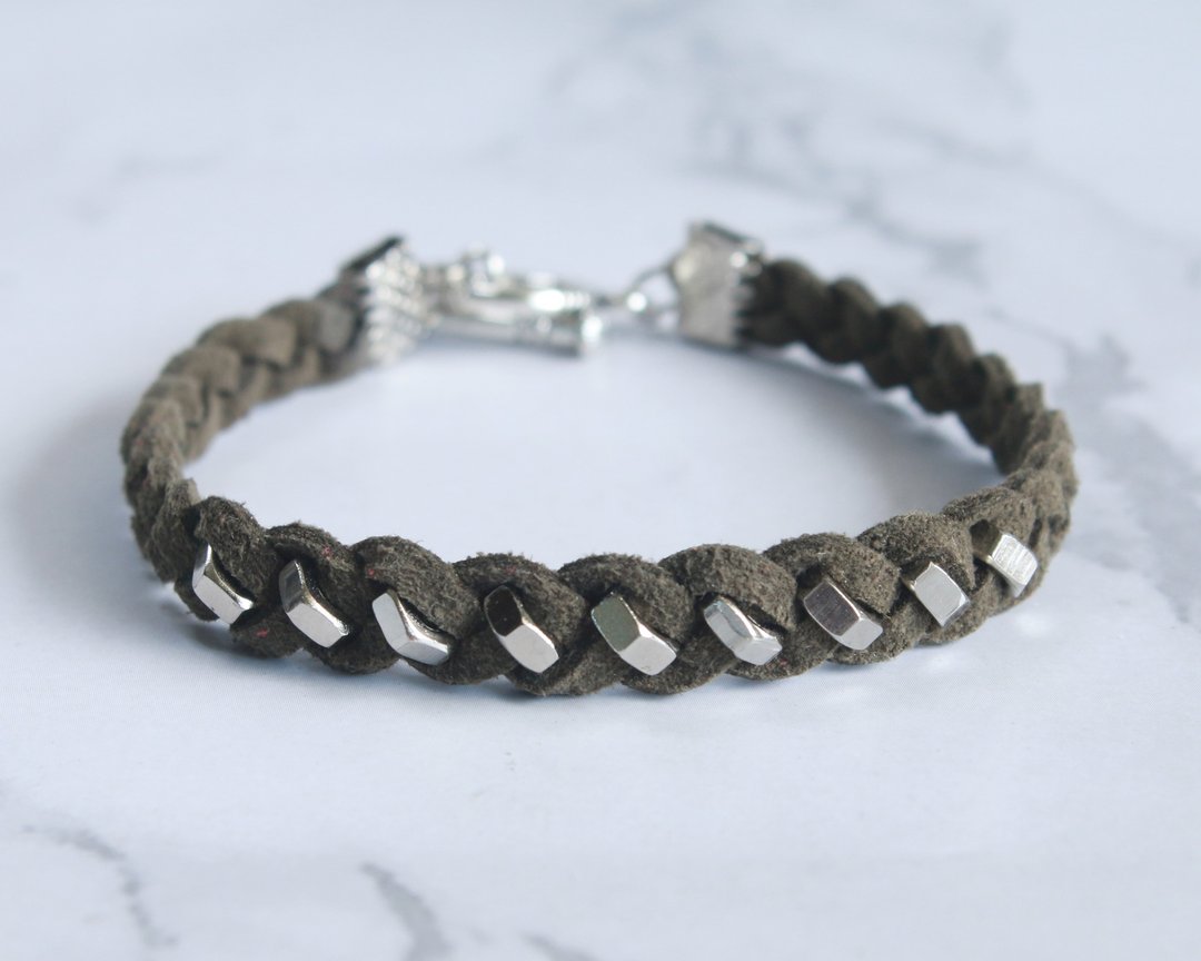 Olive Green Unisex Friendship Bracelet Hexagon Geometric Jewelry Gift for Friend - 手链/手环 - 人造皮革 绿色