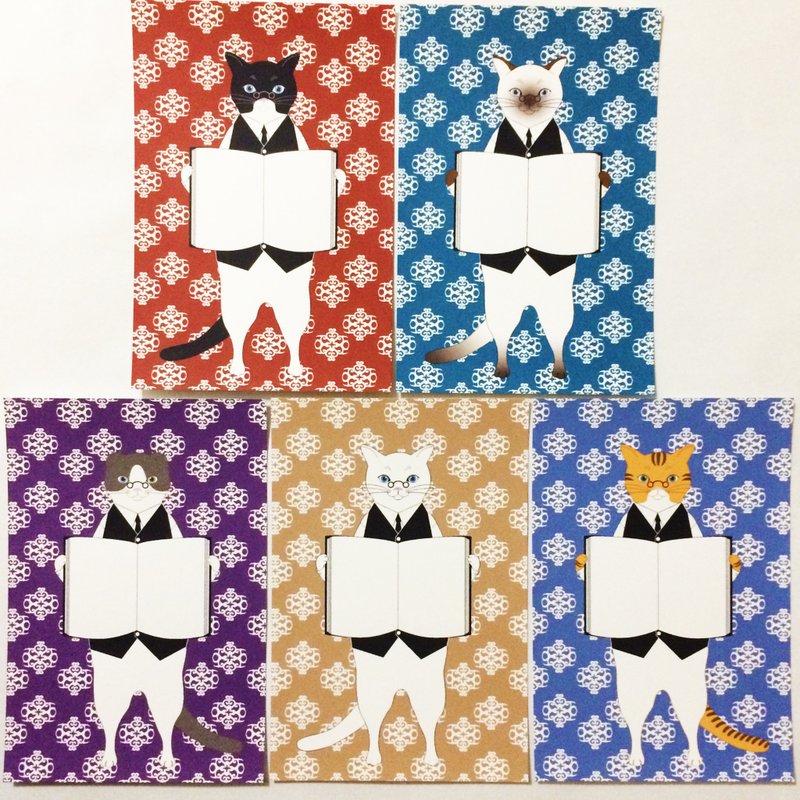 司書猫 ポストカードA 5枚セット 本 冬 黒猫 白猫 三毛猫 ロシアンブルー ねこ ネコ 眼鏡 クリスマス - 卡片/明信片 - 纸 红色
