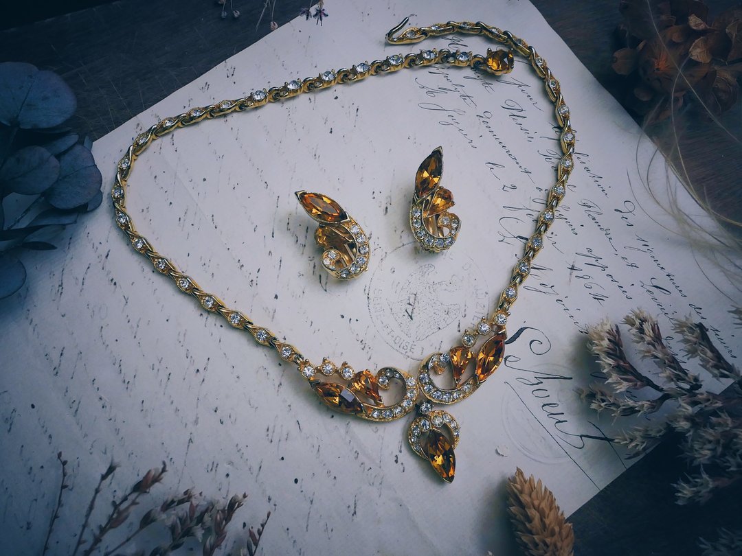 Bogoff 琥珀羽翼套组 耳环项链－美国古董首饰 Vintage Jewelry - 项链 - 其他金属 