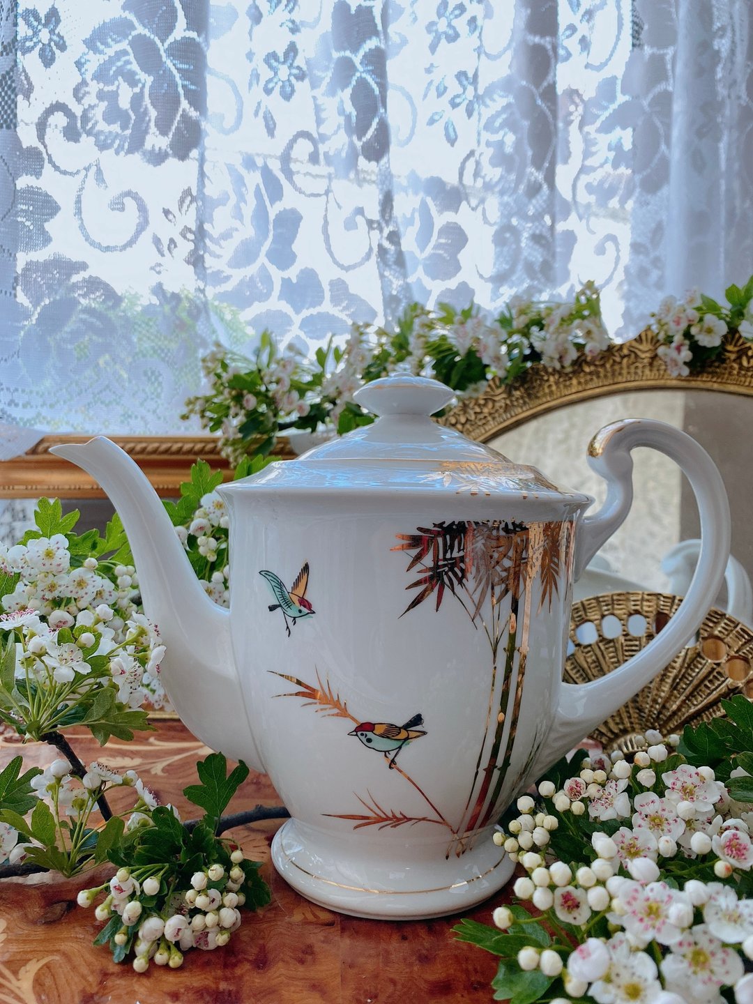 1940年日本制手绘24金竹与鸟骨瓷古董壶花茶壶咖啡壶库存品完整 - 咖啡壶/周边 - 瓷 白色