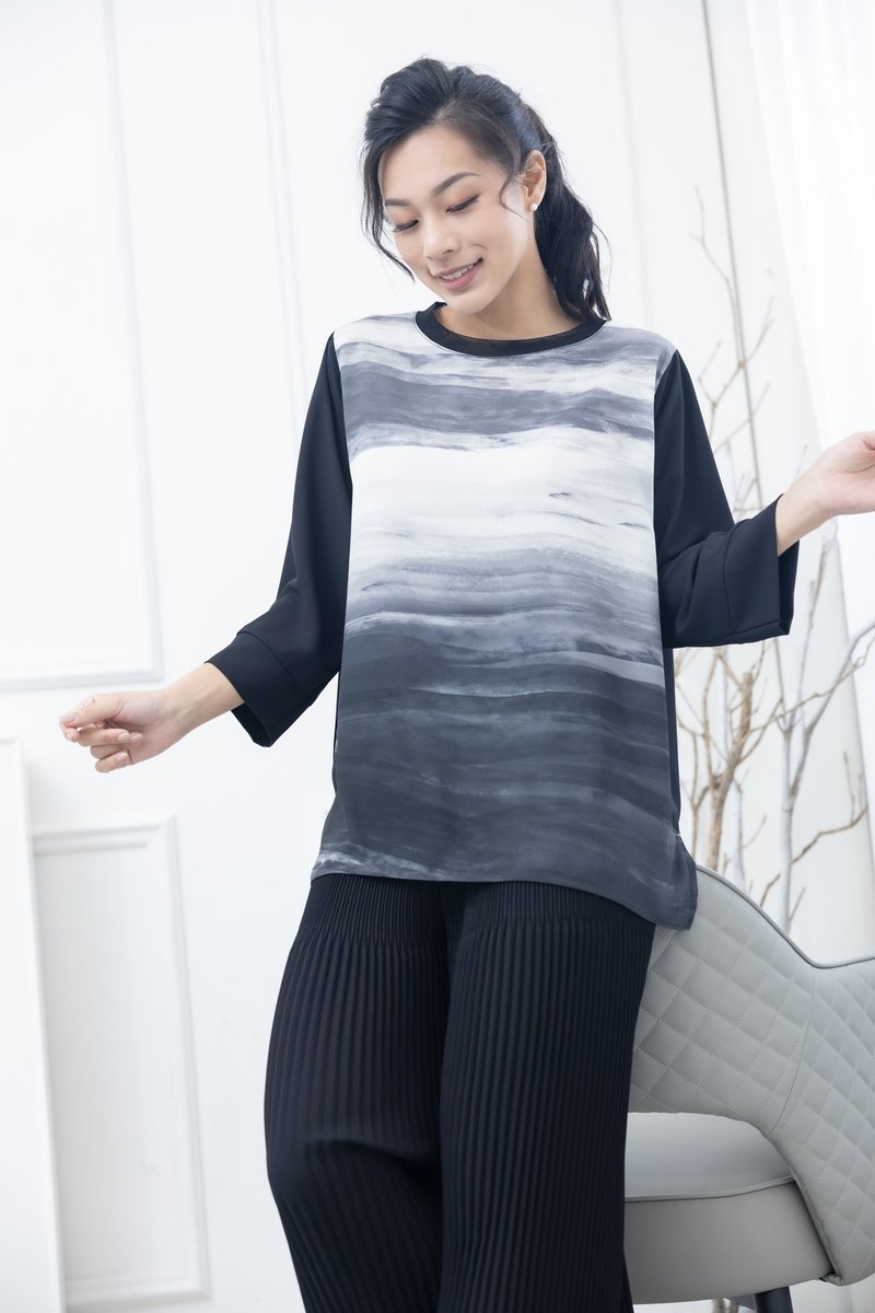 前水墨笔痕上衣 黑灰色 - 女装上衣 - 其他材质 黑色