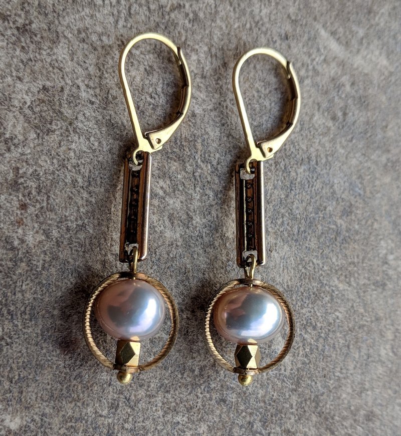 Art Deco风格淡水珍珠黄铜耳环 - 耳环/耳夹 - 珍珠 
