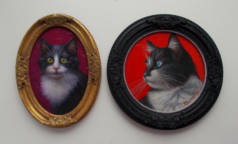 两幅画作套装 猫咪油画 椭圆形墙饰 宠物艺术作品 黑猫肖像 - 墙贴/壁贴 - 其他材质 多色