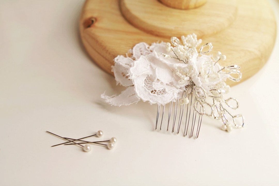 Lace Flower Headpiece, Wedding Headpiece, 婚纱头饰, 新娘头饰 - 发饰 - 棉 白色