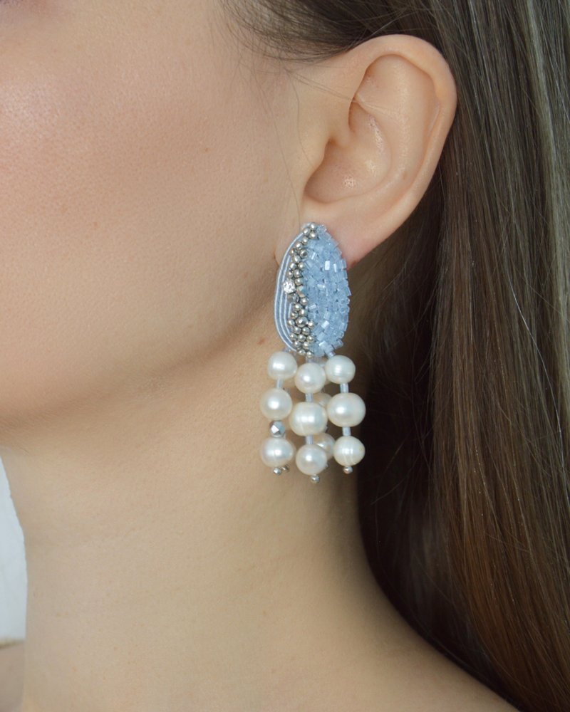 Earrings Livadia with pearls - 耳环/耳夹 - 其他材质 蓝色