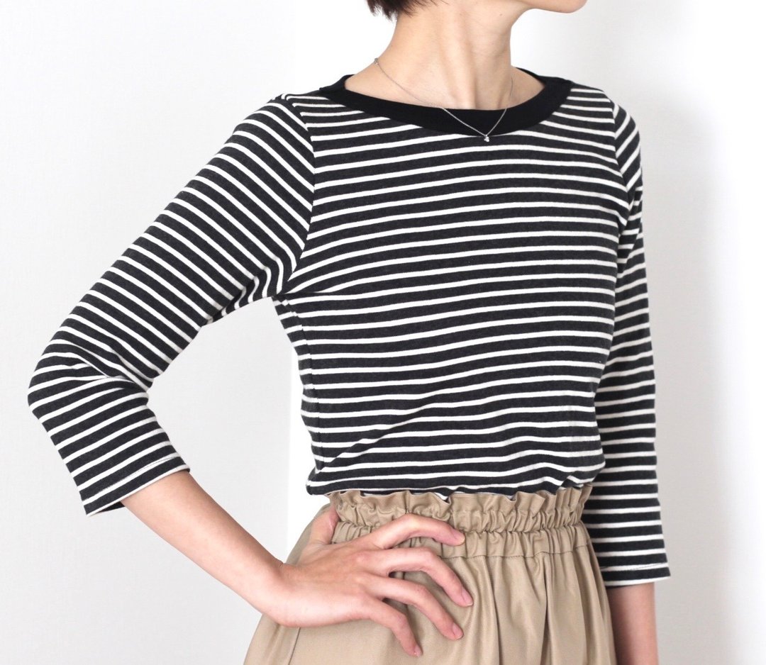 Adult-shaped rib border boat neck cut-and-sew 【Long sleeve or 7 minute sleeve】 - 女装 T 恤 - 棉 灰色