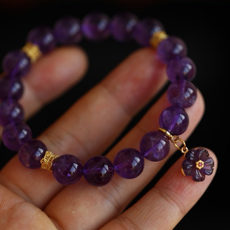 10mm天然原矿紫水晶  紫水晶小花吊坠 设计单圈手串手持mf - 手链/手环 - 水晶 紫色