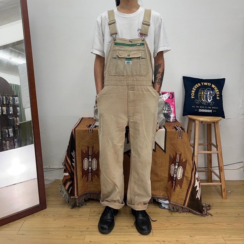 LIBERTY 水洗 浅卡其 吊带裤 古着 overalls 二手 - 男士长裤 - 棉．麻 卡其色