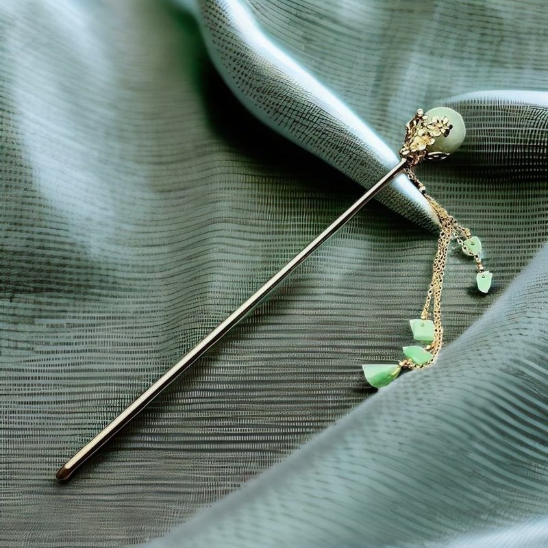 【圆满】淡绿圆珠设计款发簪14K金 | 天然缅甸玉翡翠A货 | 送礼 - 发饰 - 玉石 绿色