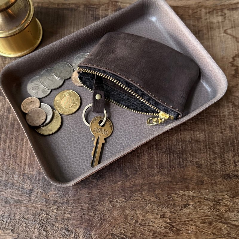 鹿皮拉链钥匙包 松露巧克力 可装钥匙和零钱 - 钥匙链/钥匙包 - 真皮 咖啡色