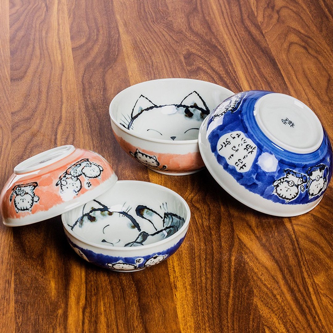 日本进口美浓烧釉下彩轻量型招财猫陶瓷日式中号饭碗面碗汤碗菜钵 - 碗 - 瓷 