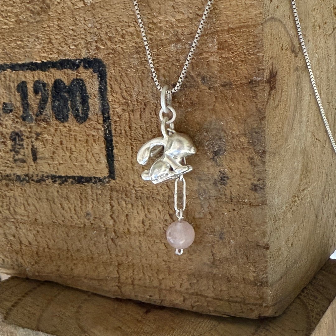 925银项錬 实心兔子摩根石 Morganite - 项链 - 纯银 