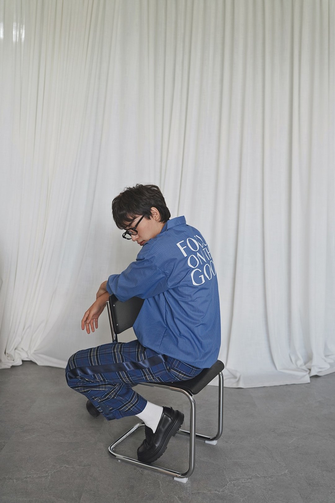 Stone As - Ling Sleeve Polo Shirt / 精神标语 长袖衬衫 - 男装衬衫 - 棉 蓝色