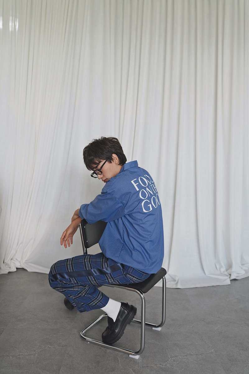 Stone As - Ling Sleeve Polo Shirt / 精神标语 长袖衬衫 - 男装衬衫 - 棉．麻 蓝色