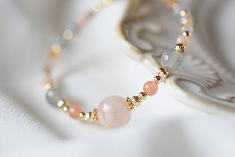 橙花。樱花玛瑙 拉长石 太阳石 橙月亮石 14K包金 水晶天然石手链 - 手链/手环 - 水晶 橘色