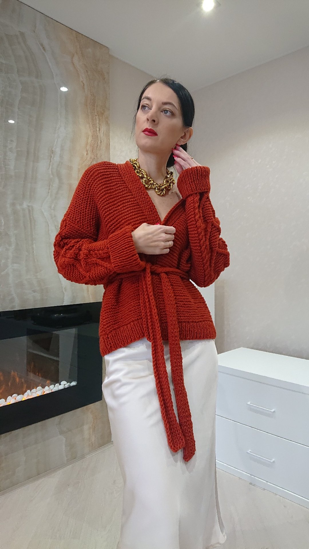 Cable sleeve handmade cardigan for women Autumn orange hand knit sweater jacket - 女装针织衫/毛衣 - 羊毛 