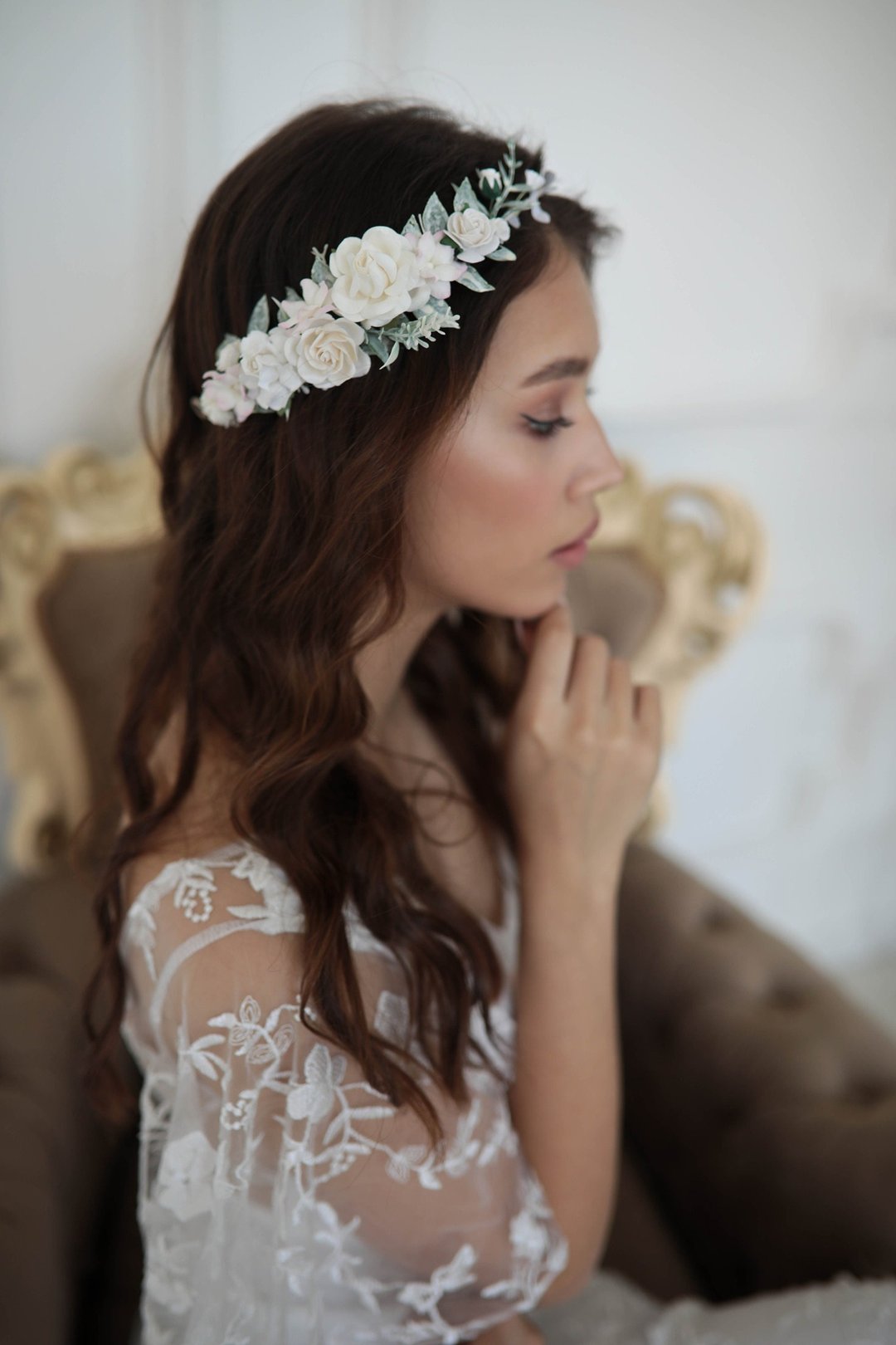White flower crown, Wedding Flower Crown, Side Flower crown, Bohemian crown - 发饰 - 纸 白色