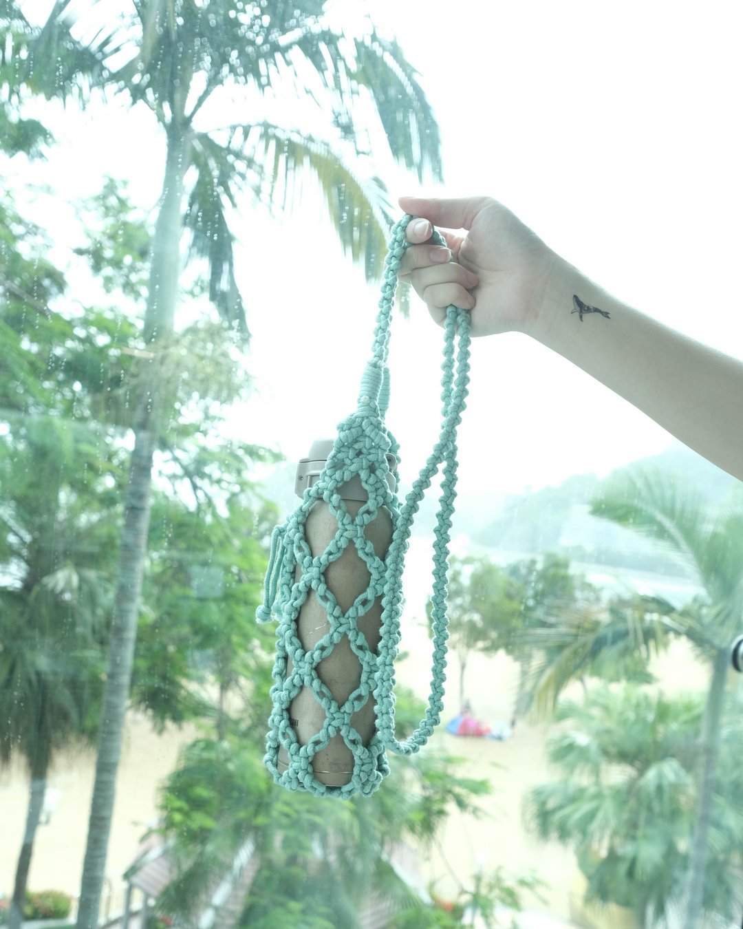 环保编织随身水樽袋 | Macrame Water Bottle Bag - 随行杯提袋/水壶袋 - 棉 