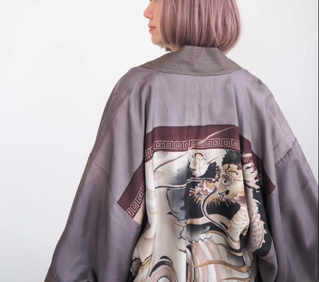 Double Sided Vintage Kimono, 龍吟, Unisex Kimono Japan - 中性连帽卫衣/T 恤 - 丝．绢 多色